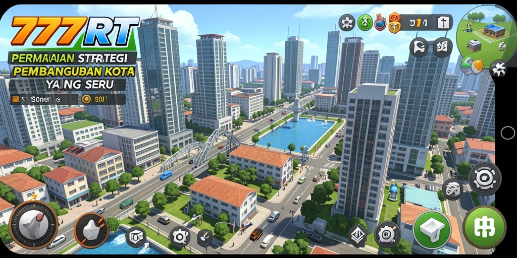Screenshot gameplay 777RT menunjukkan pembangunan kota yang kreatif.