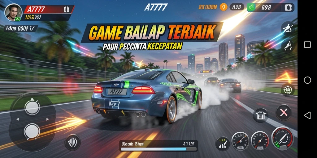 Tangkapan layar A7777 menampilkan aksi balap yang seru dengan grafis menawan.