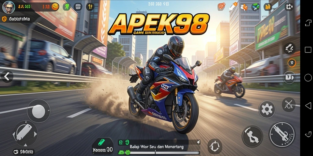 Screenshot gameplay APEK88 menampilkan balapan motor yang intens.