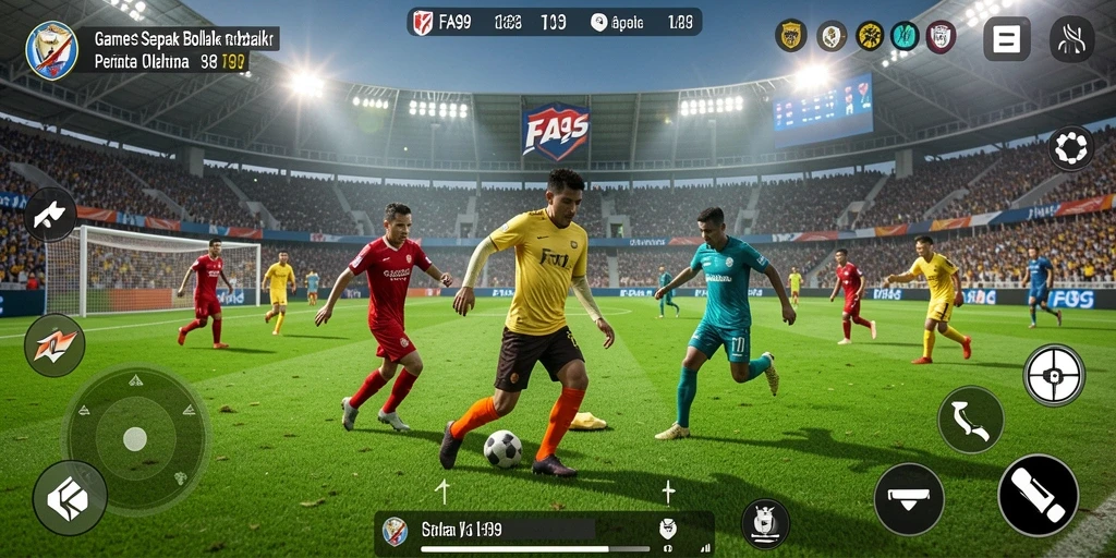 Tangkapan layar gameplay FA99 menampilkan aksi pertandingan sepak bola yang mendebarkan.