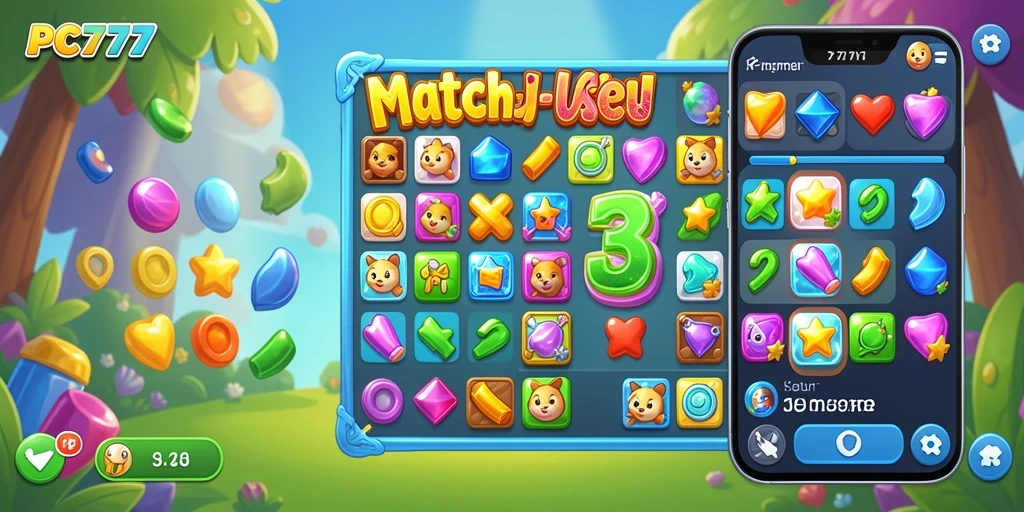 Tangkapan layar utama PC777 menampilkan gameplay seru Match-3.