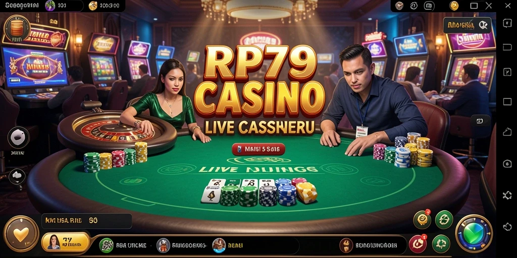 Screenshot gameplay RP79 menunjukkan dealer langsung dan suasana kasino yang mendebarkan.
