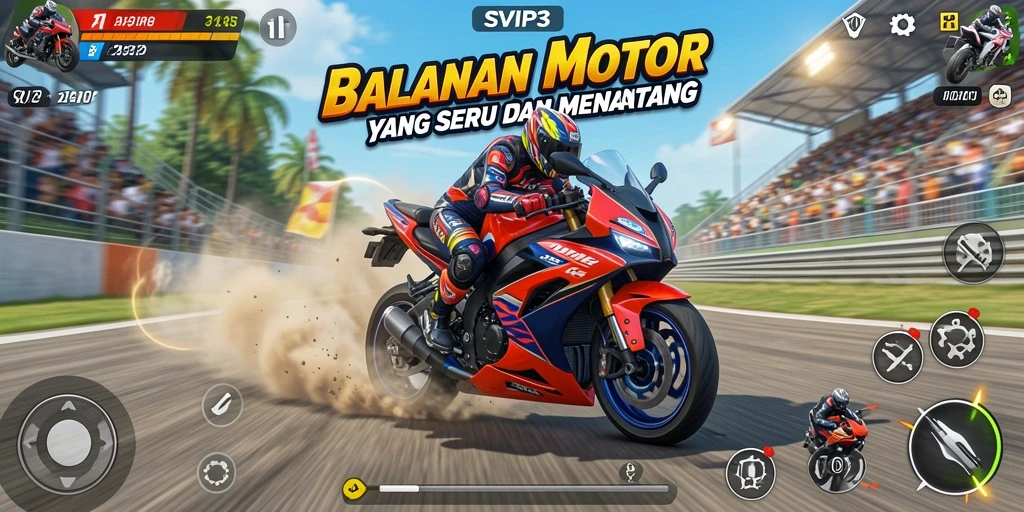Tampilan gameplay seru di SVIP3 saat balapan motor.
